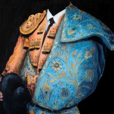 Tauromaquia-Traje de torero. Napoles y Oro con Capote Cyan 92 x 73